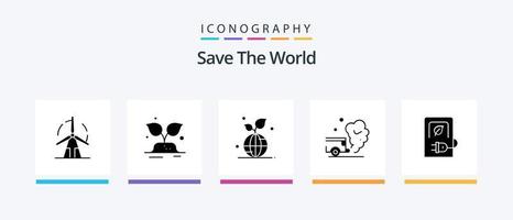 Save the World Glyph 5 Icon Pack inklusive Umweltverschmutzung. Auto. speichern. Luft. speichern. kreatives Symboldesign vektor