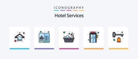 Hoteldienstleistungslinie gefüllt 5 Icon Pack einschließlich . Bildschirm. Reinigungsservice. Kommunikation. Hotel. kreatives Symboldesign vektor