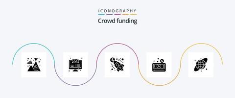 Crowdfunding Glyph 5 Icon Pack inklusive Kreisgitter. Video. Start. P. Medien vektor