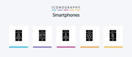smartphones glyf 5 ikon packa Inklusive telefon. media. Lagra. vän. säkerhet. kreativ ikoner design vektor