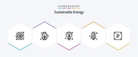 nachhaltige Energie 25-Zeilen-Icon-Pack inklusive Strom. Elektrizität. Grün. Energie. Energiebirne vektor