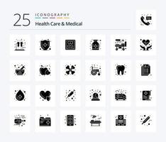 hälsa vård och medicinsk 25 fast glyf ikon packa Inklusive patient säng. sjukhus. vikt. säng. hälsa vektor