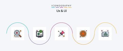 ux- und ui-zeilengefülltes flaches 5-symbolpaket einschließlich sitemap. Karte. Entwicklung. Rad. Farbe vektor