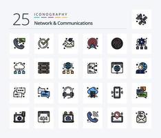 Netzwerk und Kommunikation 25 Zeilen gefülltes Icon Pack inklusive Karte. Ziel. anerkennen. Pfeil. OK vektor