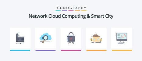 Network Cloud Computing und Smart City Flat 5 Icon Pack inklusive . Schutz. Lagerung. sperren. Sicherheit. kreatives Symboldesign vektor