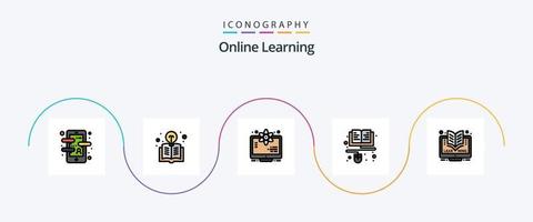 Online-Lernlinie gefülltes flaches 5-Icon-Paket einschließlich Online. Lernen. die Glühbirne. Ausbildung. Raum vektor
