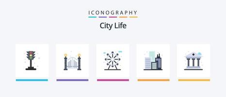 City Life Flat 5 Icon Pack inklusive . Bank. Leben. Leben. Gebäude. kreatives Symboldesign vektor