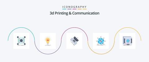 3D-Druck und Kommunikation Flat 5 Icon Pack einschließlich international. Geschäft. Drucken. Telekommunikation. Kommunikation vektor