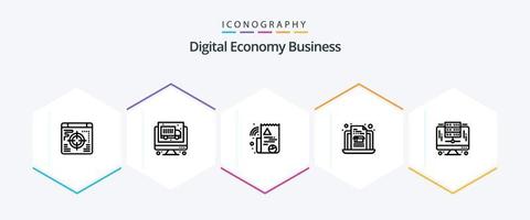 Digital Economy Business 25-Zeilen-Icon-Pack einschließlich . Server. Datei. Datenbank. Computer vektor