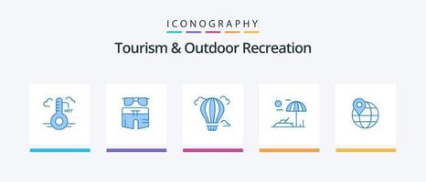 tourismus und outdoor-erholung blau 5 icon pack inklusive karte. Urlaub. Hose. Sonnenbank. heiß. kreatives Symboldesign vektor