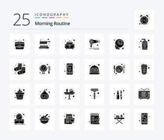 Morgenroutine 25 solides Glyphen-Icon-Pack inklusive Croissant. Frühstück. Badezimmer. Maschine. fen vektor