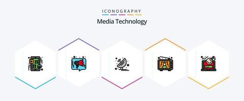 media teknologi 25 fylld linje ikon packa Inklusive användare. tv. social. underhållning. satellit maträtt vektor