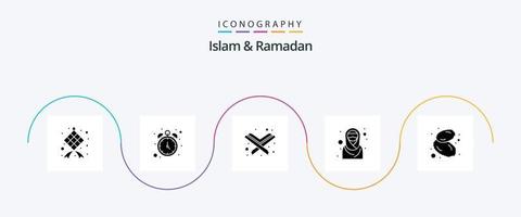 Islam und Ramadan Glyphe 5 Icon Pack inklusive Obst. Essen. Musselin. Muslim. Kopftuch vektor