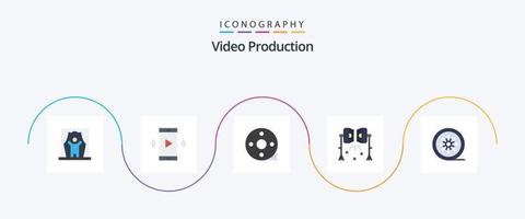 Videoproduktion Flat 5 Icon Pack inklusive Spotlight. Erleuchtung. Lautsprecher. Filmemachen. Klöppel vektor