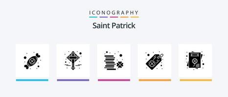 Saint Patrick Glyph 5 Icon Pack inklusive Grußkarte. vierblättriges Kleeblatt. Münze. Kleeblatt. Patrick. kreatives Symboldesign vektor