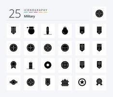 Military 25 solides Glyphen-Icon-Pack inklusive Abzeichen. Waffen. Waffe. Militär. Pistole vektor