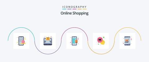 Online-Shopping Flat 5 Icon Pack inklusive Gerät. Einkaufen. Einkaufszentrum. Geschäft. Benachrichtigung vektor