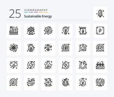 nachhaltige Energie 25-Zeilen-Icon-Pack inklusive Glühbirne. Grün. Sendeturm. Energie. Wasserkraft vektor