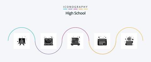 High School Glyphe 5 Icon Pack inklusive . Globus. Bücherregal. Erdkunde. Bücher vektor