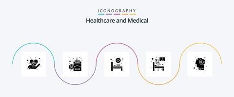 Symbolpaket für medizinische Glyphe 5 einschließlich Mensch. Gesundheitspflege. Krankenhausbett. Gehirn. medizinisch vektor