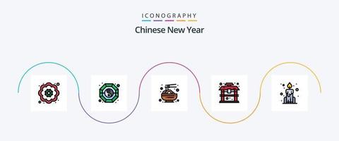 chinesische neujahrslinie gefülltes flaches 5-ikonenpaket einschließlich chinesisch. Kerze. Chinesisch. Chinesisch. Gebäude vektor