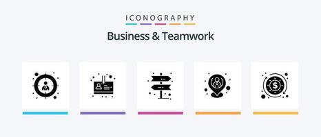 Business- und Teamwork-Glyphe 5 Icon Pack inklusive . Geschäft. Richtung. Budget. Standort. kreatives Symboldesign vektor