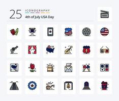 USA 25 Zeilen gefülltes Icon Pack inklusive Play. Sicherheit. Handy, Mobiltelefon. USA. Schild vektor