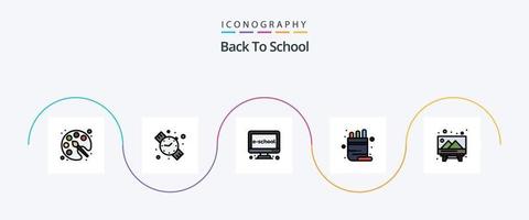tillbaka till skola linje fylld platt 5 ikon packa Inklusive bild. penna. utbildning. pott. skola vektor