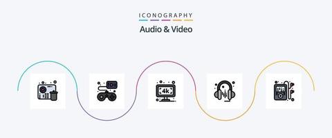 audio och video linje fylld platt 5 ikon packa Inklusive sid. smp multimedia. övervaka. ljud. hörlurar vektor