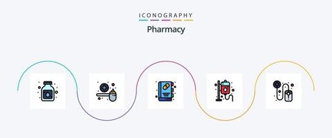 apotek linje fylld platt 5 ikon packa Inklusive uppkopplad. medicin. skopa. hälsa. medicinsk bok vektor