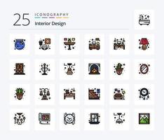 Innenarchitektur 25 Zeilen gefülltes Icon Pack inklusive Tabelle. Schreibtisch. Haushalt. Computer. Tisch vektor