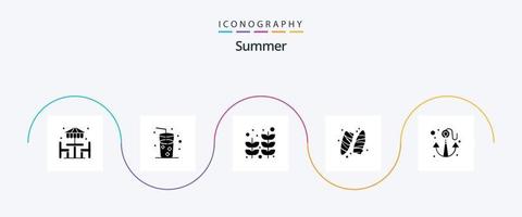 Summer Glyph 5 Icon Pack inklusive Meer. Anker. Palme. Surfen. Sport vektor