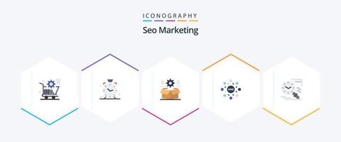 SEO Marketing 25 Flat Icon Pack inklusive SEO. Globus. Alarm. Einstellung. Rad vektor