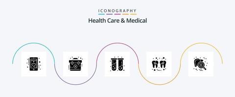hälsa vård och medicinsk glyf 5 ikon packa Inklusive tråd. hälsa. utrustning. fyllning. testa rör vektor