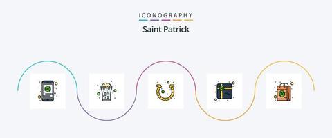 Saint Patrick Line Filled Flat 5 Icon Pack inklusive Patrick. Einkaufen. trinken. Geschenk. Hufeisen vektor