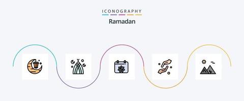 Ramadan-Linie gefülltes flaches 5-Icon-Pack einschließlich Arabien. Hilfe. Kalender. Hände. Pflege vektor