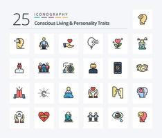 Bewusstes Leben und Persönlichkeitsmerkmale 25 Zeilen gefülltes Icon Pack inklusive Schlag. Luft. Beurteilung. Liebe. geben vektor