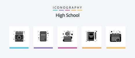 hög skola glyf 5 ikon packa Inklusive skriva. penna. utbildning. notera. klot. kreativ ikoner design vektor