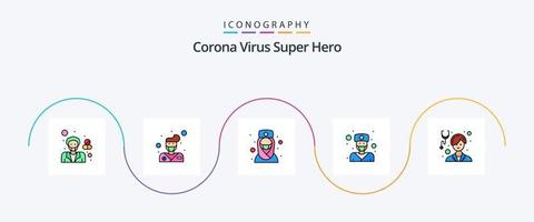 korona virus super hjälte linje fylld platt 5 ikon packa Inklusive vård. flicka. läkare. läkare. sjuksköterska vektor