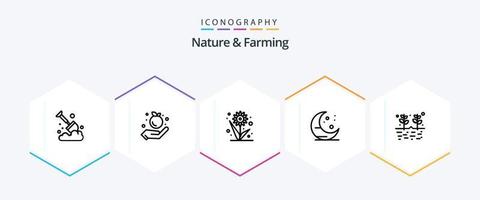 Natur und Landwirtschaft 25-Zeilen-Icon-Pack, einschließlich Getreide. Landwirtschaft. Blume. Landwirtschaft. Mond vektor