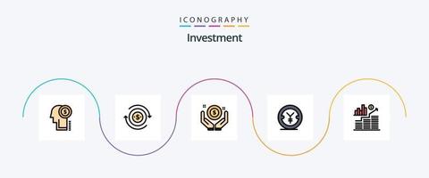 investering linje fylld platt 5 ikon packa Inklusive investering. pengar. företag. yen. mynt vektor