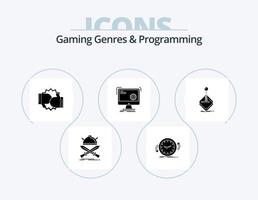Gaming-Genres und Programmier-Glyphen-Icon-Pack 5 Icon-Design. Funktion. Befehl. Schalter. Handschuhe. Wettbewerb vektor