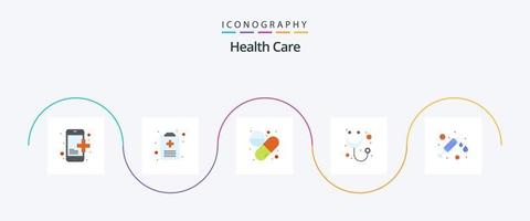 Health Care Flat 5 Icon Pack inklusive Spritze. Kapsel. Stethoskop. Diagnose vektor