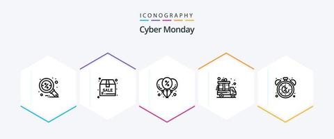 cyber måndag 25 linje ikon packa Inklusive cyber. rabatt. ballong. leverans lastbil. närvarande vektor