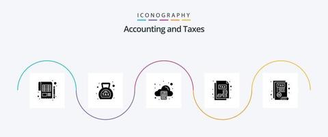 Steuern Glyphe 5 Icon Pack inklusive . Einkommensteuererklärung. Geld. dokumentieren. Berechnung vektor