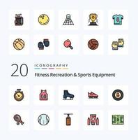 20 Fitness-Erholungs- und Sportausrüstungslinien gefüllt mit farbigen Icon-Packs wie Ballspiel-Stiefel-Baseball-Skating vektor