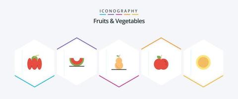 frukt och grönsaker 25 platt ikon packa Inklusive grönsak. frukt. skiva. mat. äpple vektor