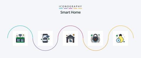 Smart-Home-Line-Flat-5-Icon-Pack mit Smart-Lock. heim. aufzeichnen. Kontrolle. Haus vektor