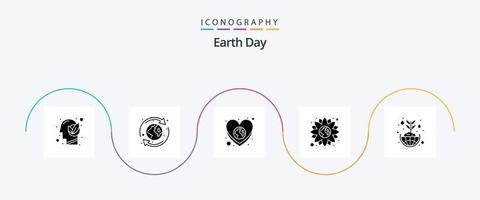 jord dag glyf 5 ikon packa Inklusive grön. miljö- skydd. hjärta. värld. blomma vektor