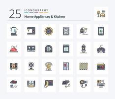 Haushaltsgeräte und Küche 25 Zeilen gefülltes Icon Pack inklusive Maschine. Roboter. Zeit . Waschen. Wäscherei vektor